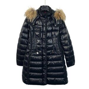 Moncler Womens Black Down Puffer Coat With Fur Trim Hood Longline Quilted Design